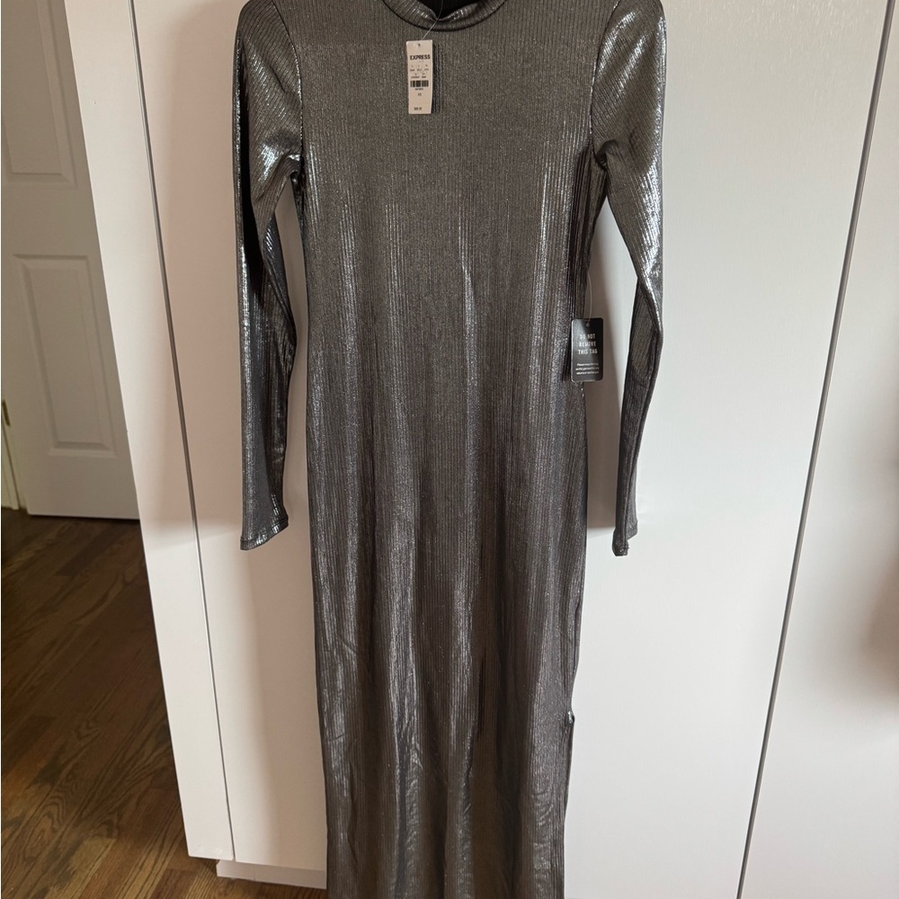 Express Metallic Silver Long Sleeve Dress